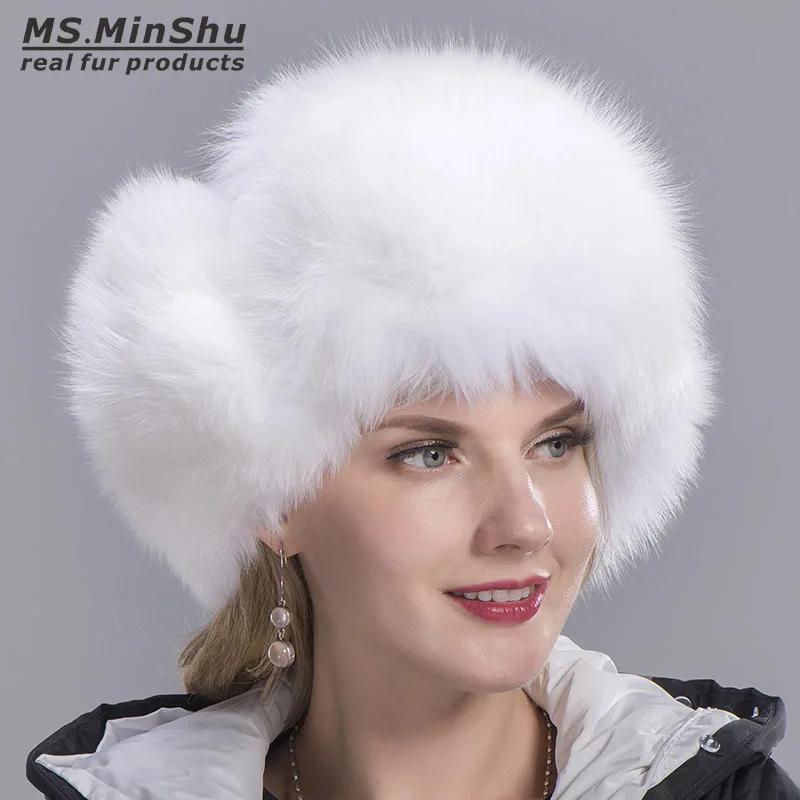 Ms. MinShu Круглая Шапка из лисьего меха Для женщин из натурального меха серебристой лисы, шапка-ушанка с помпонами русская меховая шапка унисекс зимняя шапка-ушанка с натуральным лисьим мехом Кепки