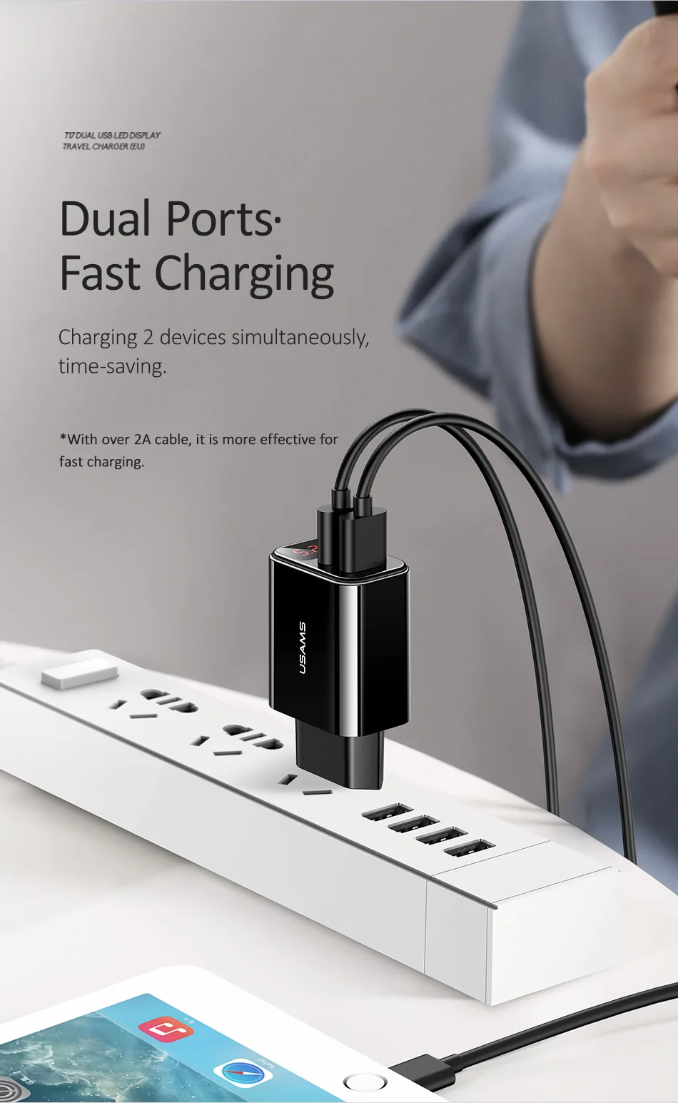 USAMS светодиодный цифровой двойной USB зарядное устройство универсальное EU US Plug 2.1A быстрое зарядное устройство для мобильного телефона настенное зарядное устройство для iPhone X Xiaomi samsung