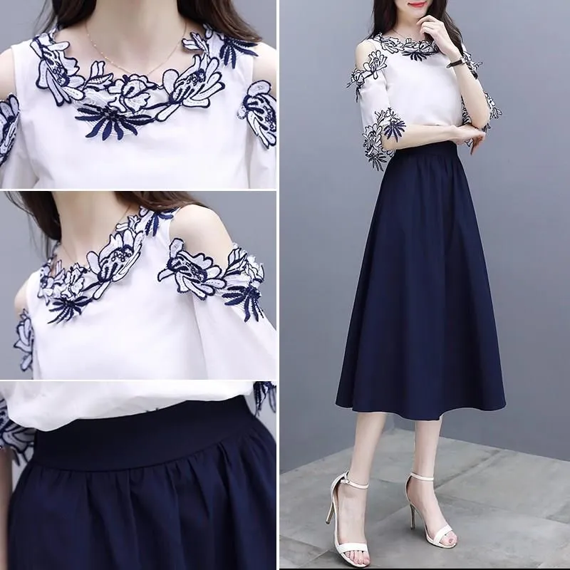 

Flare Sleeve Two Piece Skirt Set Summer Outfits For Women Ensemble Femme Deux Pieces Women's Summer Suit Conjunto Feminino