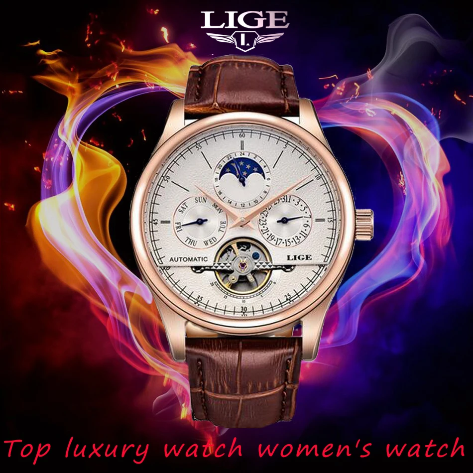 LIGE Брендовые женские часы автоматические механические часы Tourbillon спортивные часы кожаные повседневные водонепроницаемые наручные часы Relojes Mujer+ коробка