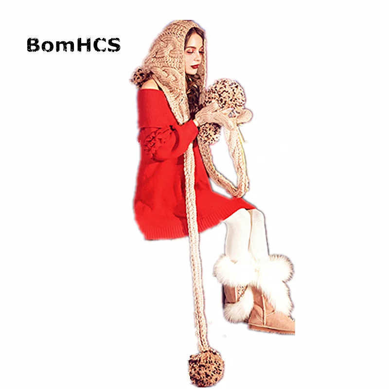 BomHCS Cute Winter Warm Big Pompoms Beanie with Scarf + Gloves 100% Handmade Knit Hat Neckerchief Mittens