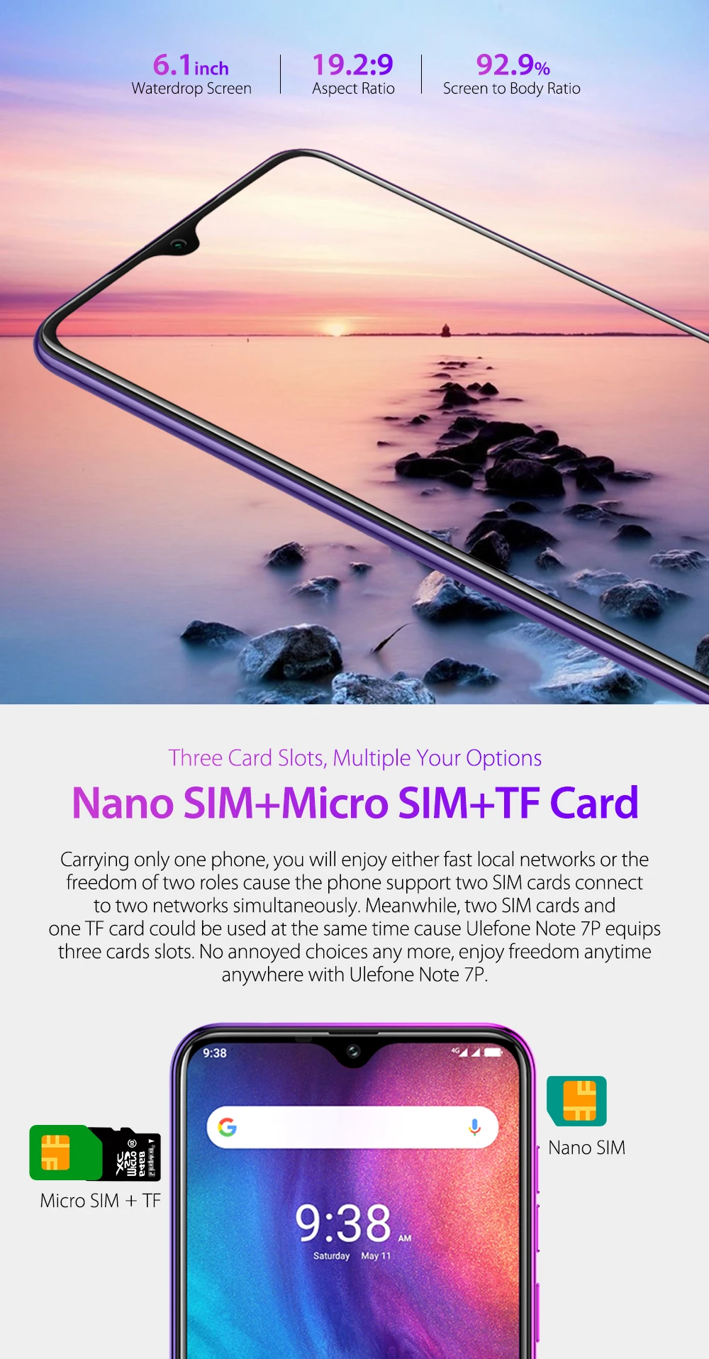 Смартфон Ulefone Note 7P Android 9,0 четырехъядерный 3500 мАч 6,1 дюймовый экран капли воды 3 ГБ+ 32 Гб мобильный телефон разблокировка лица