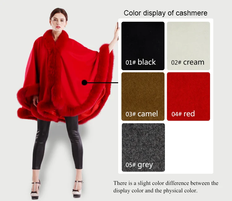 

Free shipping spring autumn winter women cream color real fox fur trim cashmere poncho for wedding