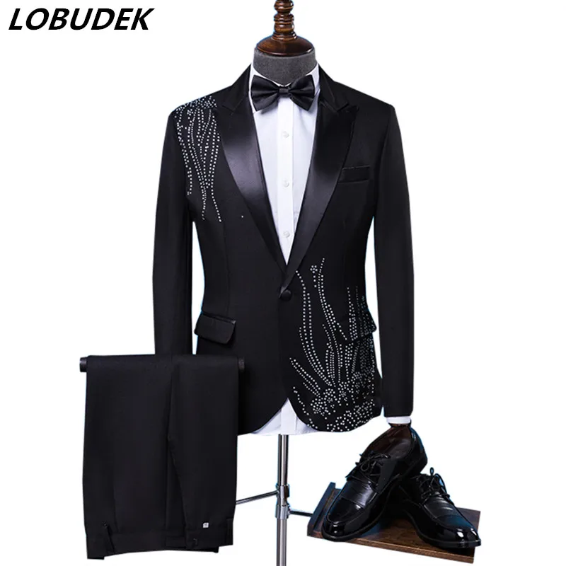 Мужские костюмы с черными и белыми кристаллами Модные приталенные блейзеры