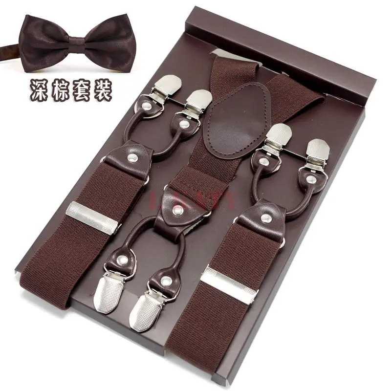 Coffee set Мужские подтяжки с бабочкой, наборы, y-образная форма, Женские Эластичные подтяжки, 6 зажимов, ПУ кожа, Leren rie, подарки на день отца, 120 см, TZ79280 - Цвет: Coffee set