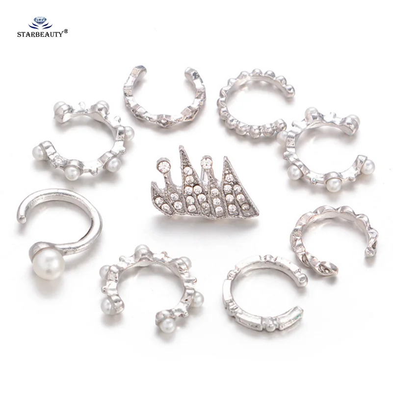 Starose 9 pcs/lot Hot Crown White Pearl Ear Jewelry Fake Piercing Helix Nose Ring Pircing Earrings Cuff | Украшения и аксессуары