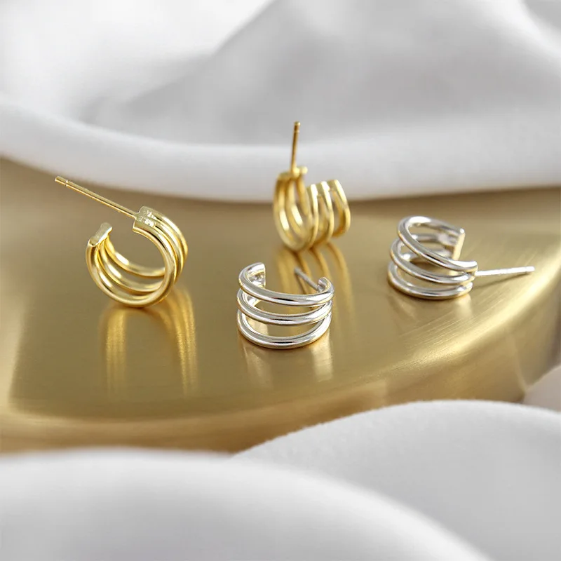 SHANICE Gold Color Authentic 925 Sterling Silver Stud Earrings INS Simple Multi-layer Line Circles Student Jewelry Lucky Gift | Украшения и