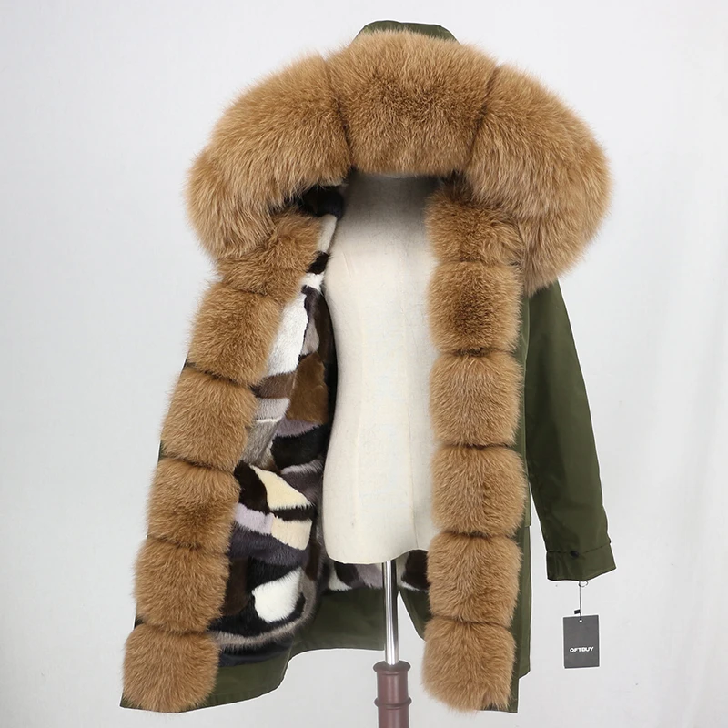 green camel OFTBUY, водонепроницаемая длинная парка, верхняя одежда, настоящая норковая шуба, зимняя куртка для женщин, воротник из натурального меха енота, роскошная теплая уличная одежда - Цвет: green camel