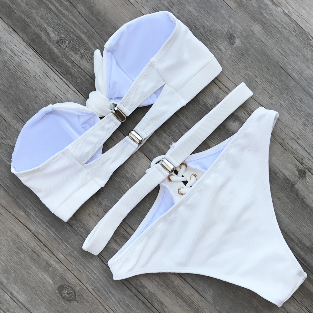 ZMTREE 2018 New Bikini White Swimsuit Women High Waist Swimwear Bottom Lace Up Bikini Set Bandeau Beach Wear Bowknot Swim Suit
