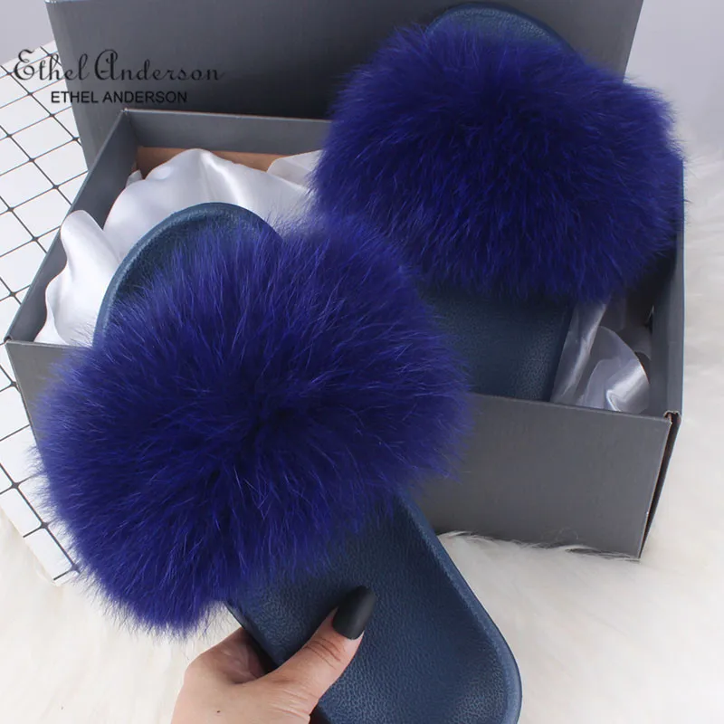Royal Blue(Navy) Ethel Anderson/летние женские меховые тапочки; меховые тапочки из натурального Лисьего меха; лучшие плюшевые пушистые тапочки с лисьим мехом; сандалии на плоской подошве - Цвет: Royal Blue(Navy)
