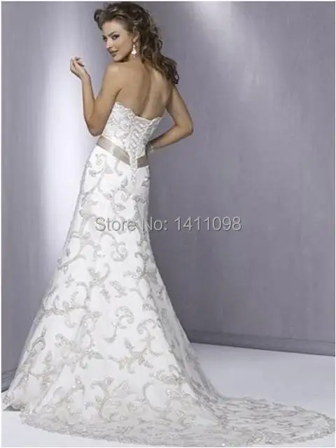 2014 New Sale Sexy Strapless Appliques Off the Shoulder Ribbon Waist Satin Floor-Length Court Train Wedding Dress Custom Made | Свадьбы и