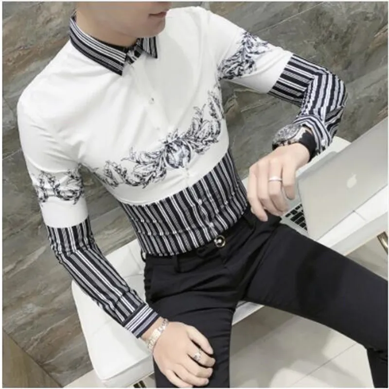 Мужская рубашка в полоску Chemise Homme черная белая с длинным рукавом для выпускного
