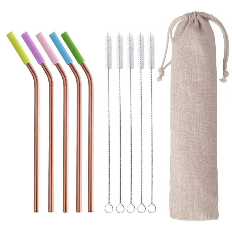100pcs rose gold B 100 шт многоразовый металлический из нержавеющей стали 10 мешков для питьевой соломы с наконечником для чистки кистей для дома, вечерние аксессуары для бара - Цвет: 100pcs rose gold B