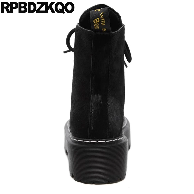 

Shoes Muffin Military Harajuku Flat Lace Up Real Fur Platform Combat Black Horsehair Brand Women Winter Boots Genuine Leather