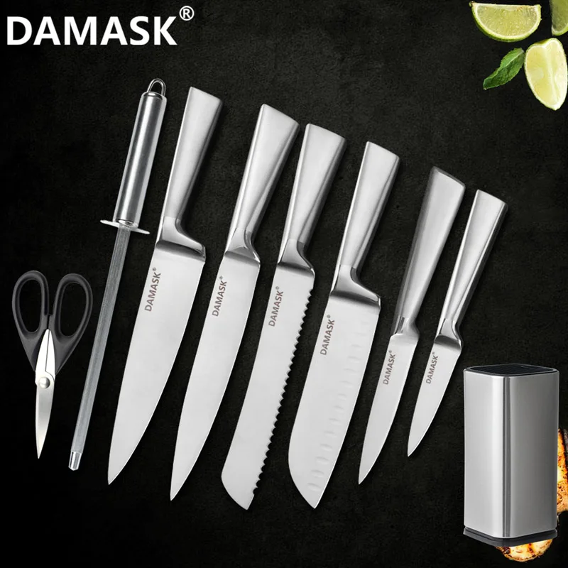 9 pcs set Дамасский дизайн, кухонный нож из нержавеющей стали, 3Cr13mov, острое лезвие, набор поварских ножей, слайсер для суши, сашими, нож для приготовления хлеба - Цвет: 9 pcs set