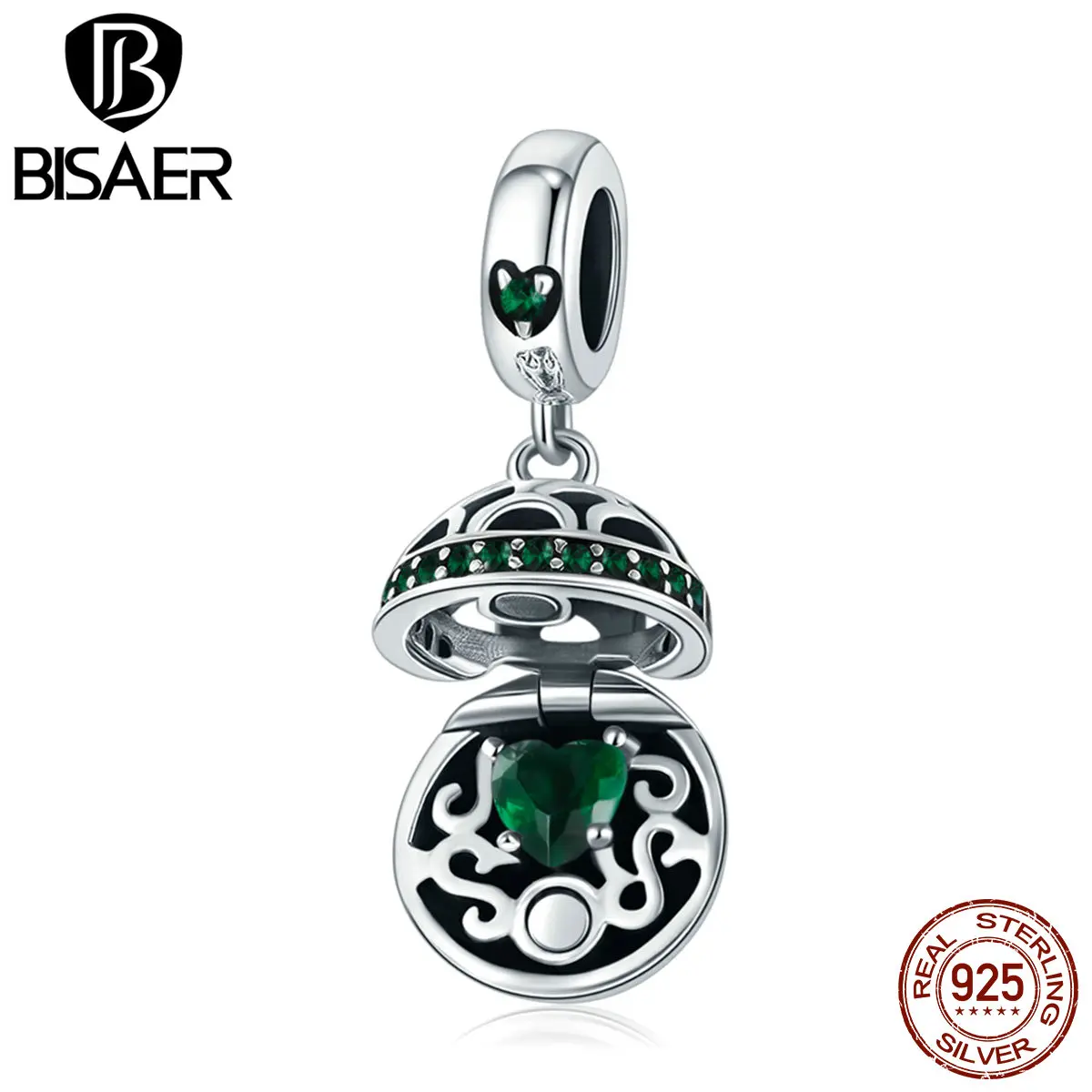 BISAER Настоящее 925 пробы серебро зеленый CZ Любовь Сердце Подарочная коробка Шарм бусины подходят браслеты DIY ювелирных изделий ECC689-LB