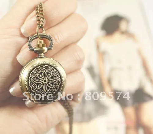 

wholesale buyer price good quality fashion lady new bronze retro mini round flower figure pocket watch necklace hour