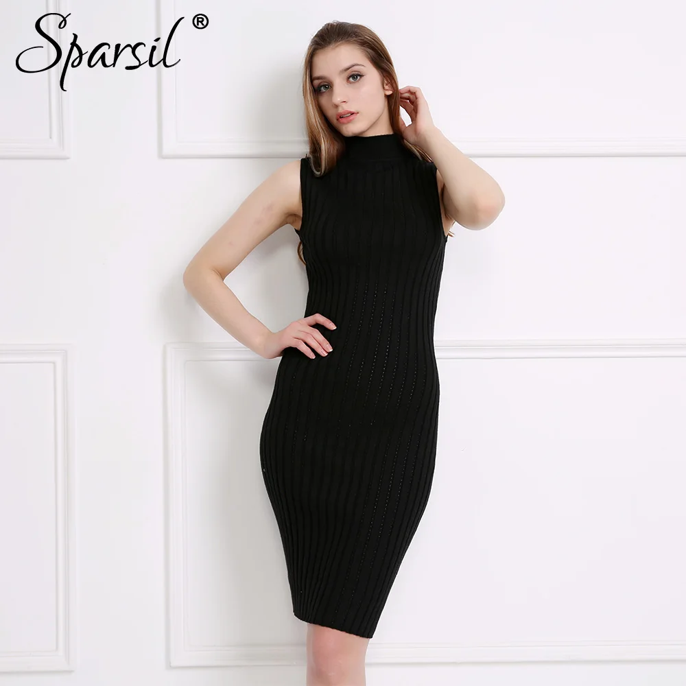Sparsil женское весеннее трикотажное платье средней длины с высоким воротом без