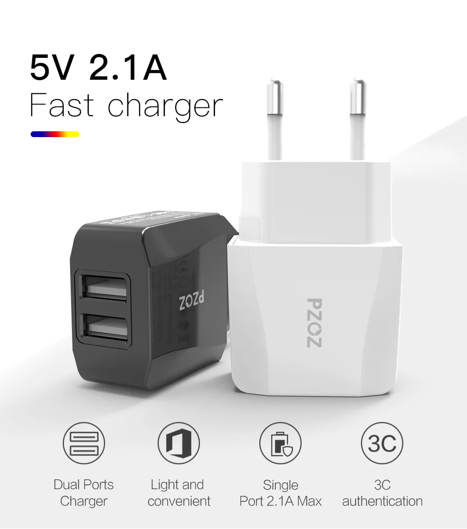 PZOZ USB зарядное устройство 2a Быстрая зарядка для путешествий адаптер с европейской вилкой портативное настенное зарядное устройство кабель для мобильного телефона двойной usb США штекер зарядное устройство