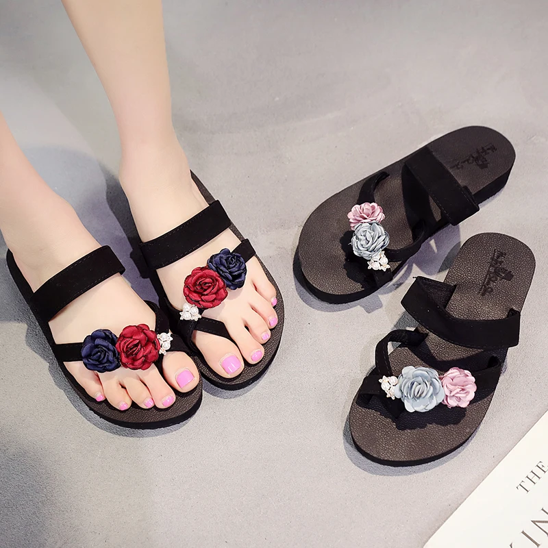 

2019 Flip Flops Summer Bohemia Slippers New Fashion Flowers Womens Wedge Sandals Casual Beach Slippers Platform DIY Shoes 5cm