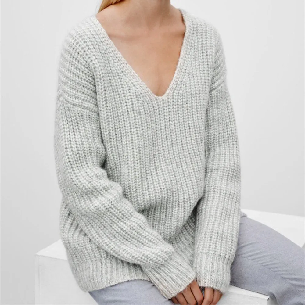 CHAMSGEND 2018 Fashion Women Sweater Solid Grey Deep V Neck Loose Casual Style Plus Size Long Sleeve Knitwear Female Pullovers | Женская
