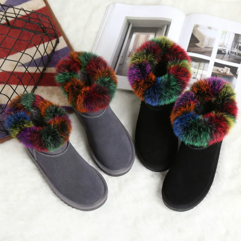 Winter Women Boots Colorful Hair Snow Short Tube Cotton Shoes Woman Fashion Leather Warm Botas Zapatos De Mujer Gray | Обувь