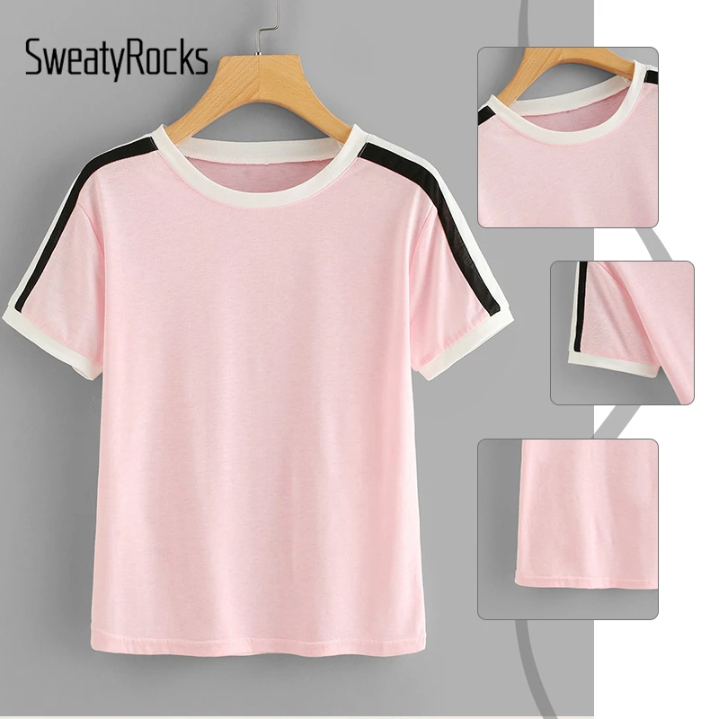 SweatyRocks, полосатая футболка с рукавом, уличная одежда, короткий рукав, модная кавайная футболка, лето, повседневные женские базовые розовые Топы