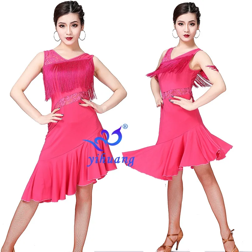 Rose Pink Прямая с фабрики, новинка, платье для латинских танцев, юбка для танцев с бахромой, Женская бальная одежда для сальсы, ча-ча, выступлений, танцев, вечеринок, размер M-XL - Цвет: Rose Pink