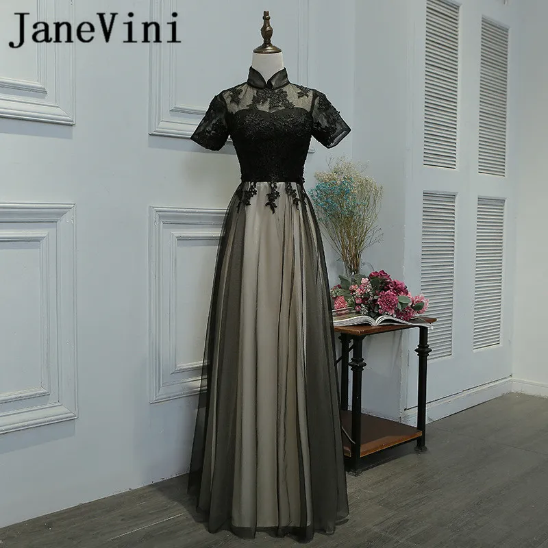 JaneVini Vestidos Черное вечернее платье в китайском стиле с длинным рукавом и кружевной