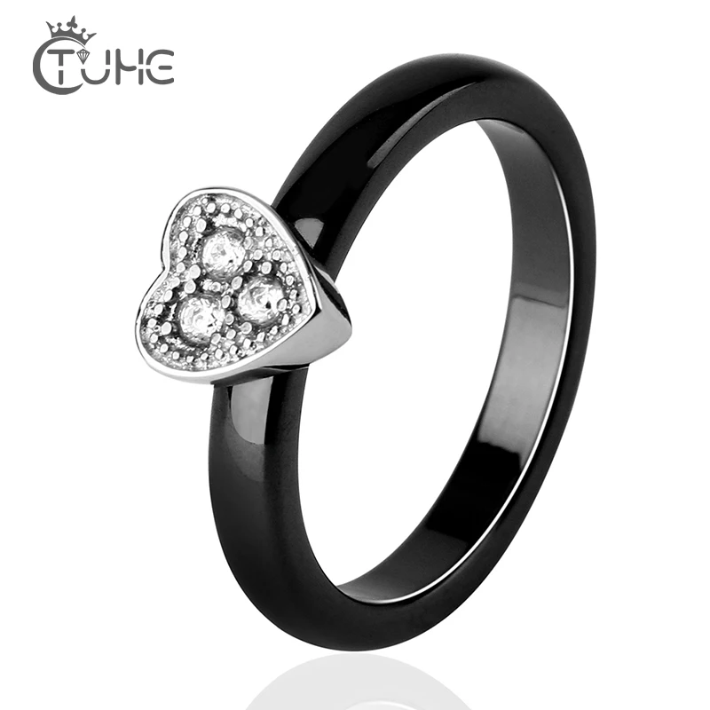 Женское керамическое кольцо с сердечками тонкое шириной 3 мм кристаллом в форме