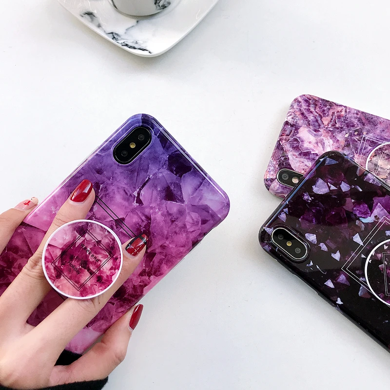 Fashion Simple Marble Purple Case For iPhone 7 Soft Back Cover XS MAX XR X 6 6S Plus 8 Airbag Bracket Phone Bag |