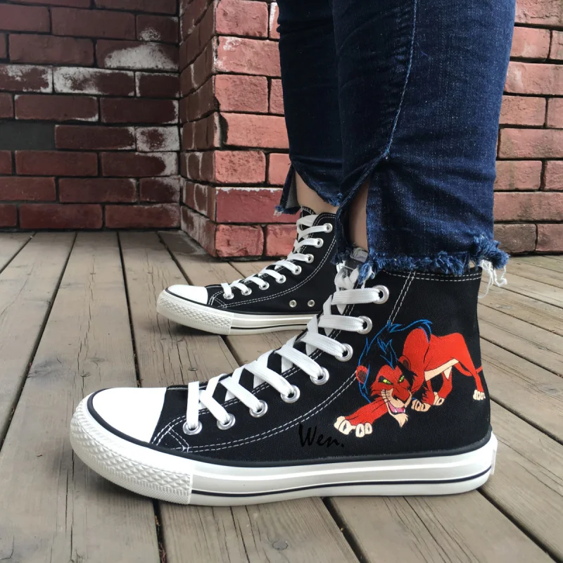 

Wen Men Women's Hand Painted Shoes Design Custom Animal Lion Black High Top Men Women's Canvas Sneakers