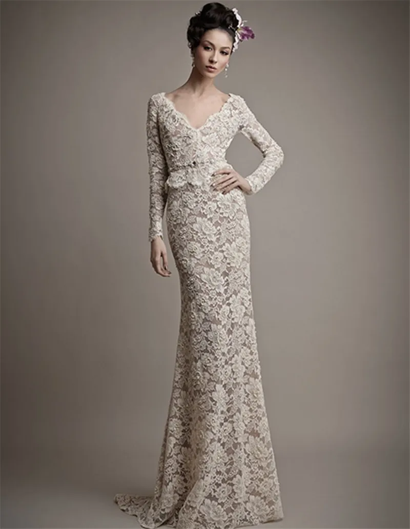 Vestido De Noiva кружевное платье с длинными рукавами свадебное платье Винтаж с низким вырезом на спине свадебное платье "Русалка" с шлейфом; Robe De Mariage