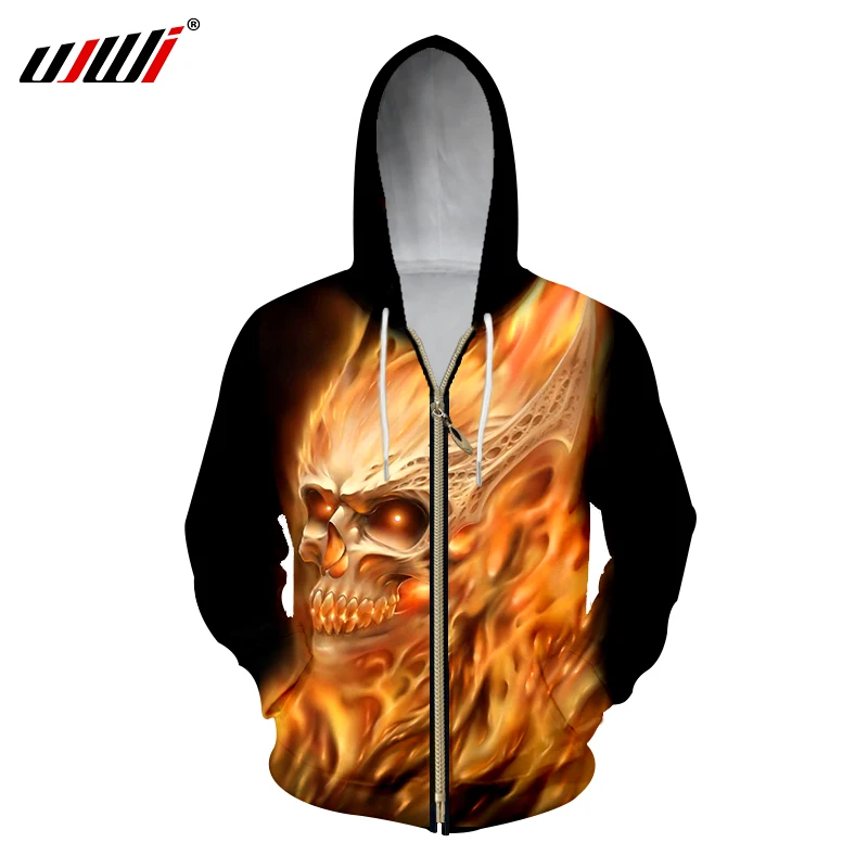UJWI 3D толстовки на молнии для мужчин с принтом пламени черепа Толстовка мужская