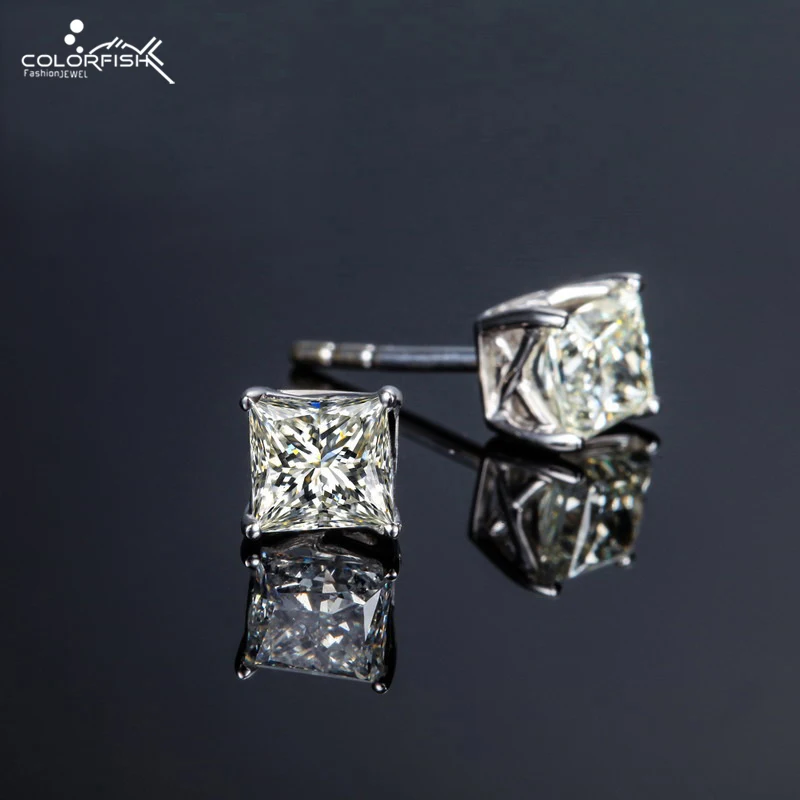 COLORFISH 0 63 ct Принцесса Cut серьги гвоздики для женщин и мужчин модные украшения из