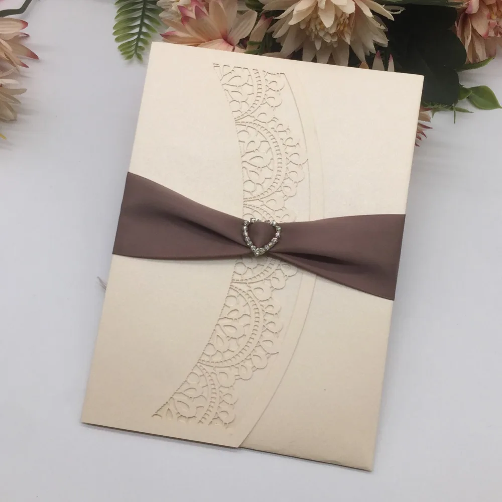 

20pcs Tri-folded Wedding Invitations Card Pearl Birthday Party Invitation best wishes Card with handmade Ribbon Bowknot&Buckle