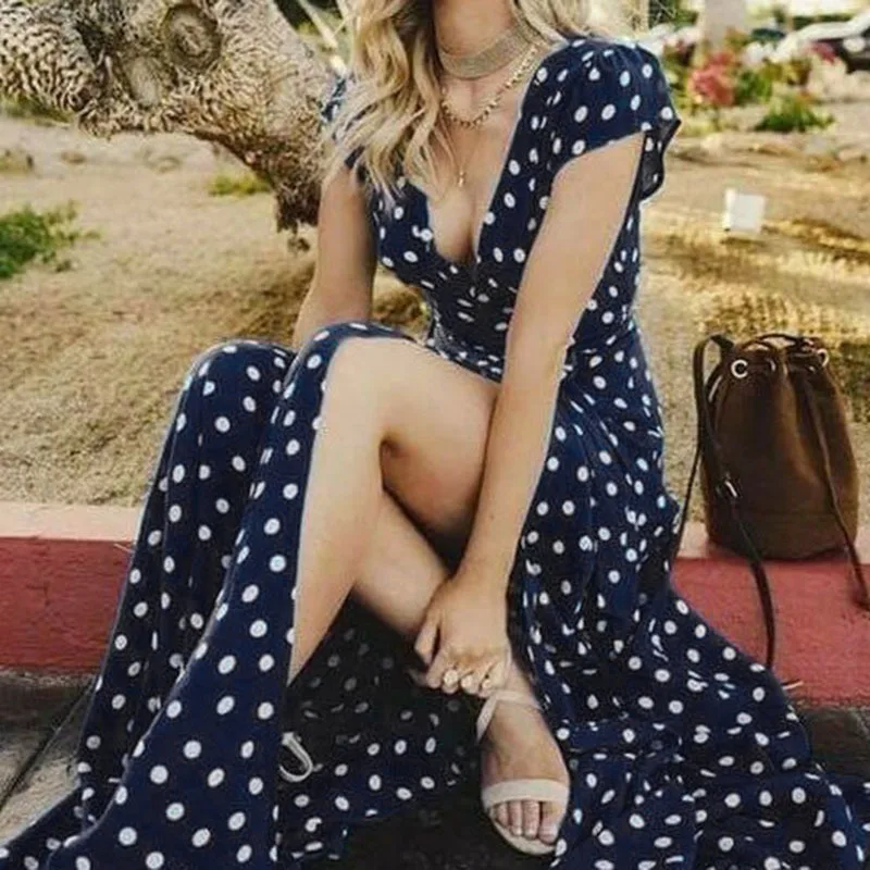 Женское длинное платье в горошек с V образным вырезом и разрезом|Женские платья| |