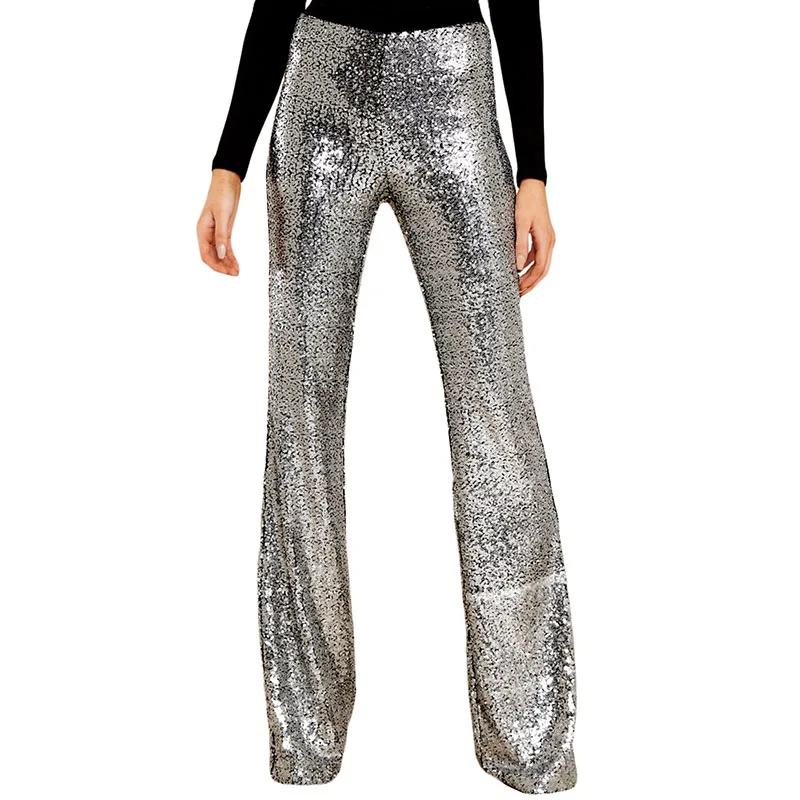 Silver Pants SEBOWEL, длинные широкие штаны с блестками, женские блестящие Серебристые черные брюки с высокой талией для женщин, для вечеринок, танцев, расклешенные штаны - Цвет: Silver Pants