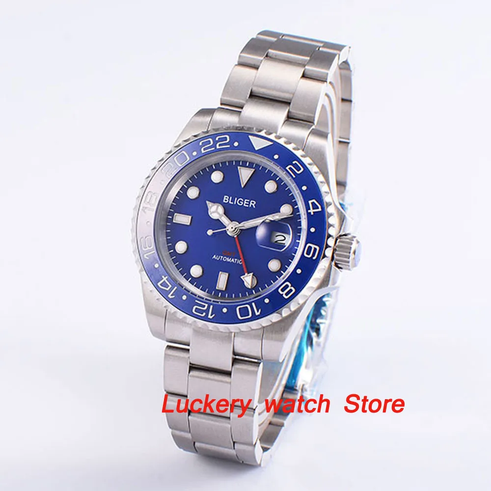 

Bliger 40mm blue dial luminous saphire glass Ceramic Bezel GMT Automatic movement men's watch-BA03