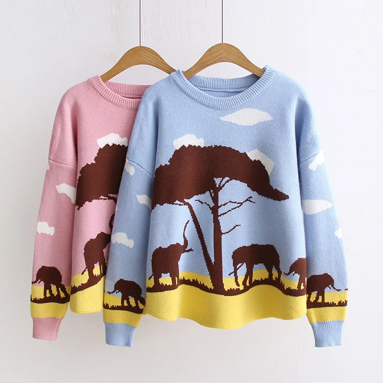 HSA осенний женский свитер базовые вязаные топы мультяшный лес Свободный пуловер