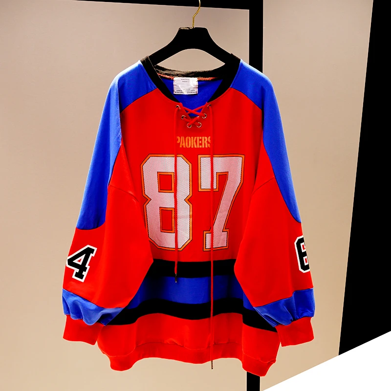 Korean Fashion Girl Student Number Print Hoodies BF Design Color Block Spliced Sweatshirts V Neck Plus Size Loose Pullovers Coat | Женская