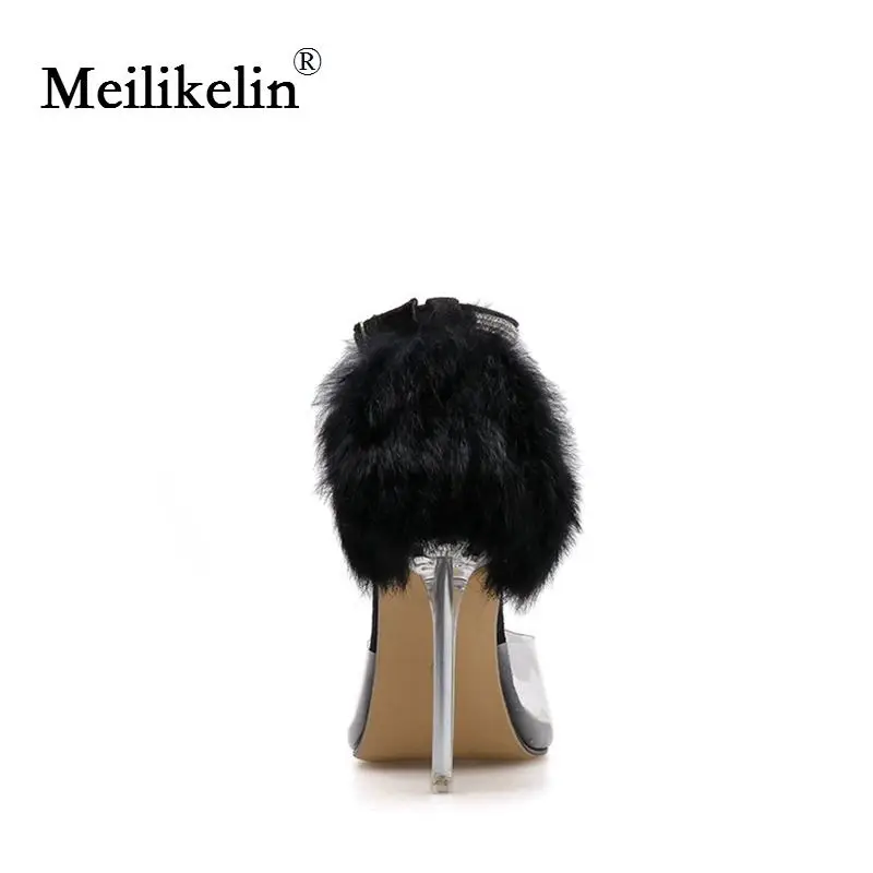 2019 women’s shoes summer sandals Fluffy pointed peep toe Crystal clear stilettos high-heels shoe Rabbit Fur Feather woman | Обувь