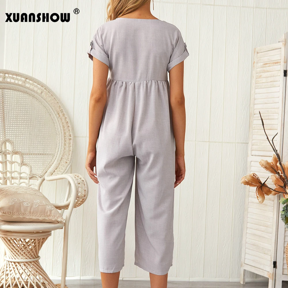 

XUANSHOW Summer Overalls Women Loose Casual Pure Color Short Sleeves Fashion Women's Jumpsuit Vintage Cotton Linen Rompers Mujer
