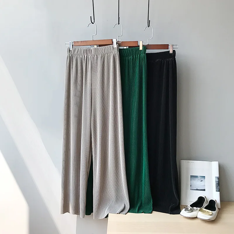 

2019 Women's Spring Summer Chiffon Wide Leg Pants Ladies Fashion High Waist Pleated Shaped Stripe Pants