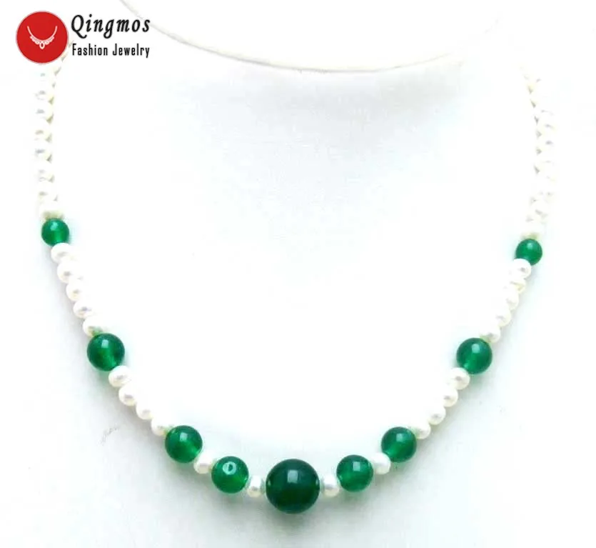

Qingmos Natural Pearl Necklace for Women with 5mm Round White Pearl 17" Chokers Necklace & Green Jades Pendant Necklace Jewelry