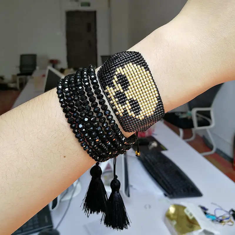 Браслеты SHINUSBOHO, мужские, модные, с черепом, Миюки, ювелирные изделия, Золотые и черные, с бисером, браслеты для женщин, мужские, Delica Loom, ручные браслеты