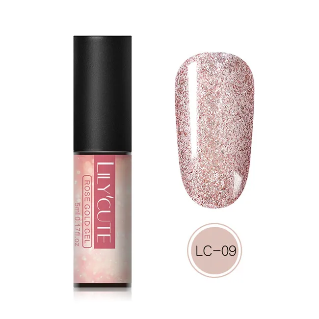rose gold9 LILYCUTE, 5 мл, светящийся Гель-лак, розовое золото, мерцающий Блестящий Гель-лак, полуперманентный, замачиваемый, УФ светодиодный Гель-лак для ногтей - Цвет: rose gold9