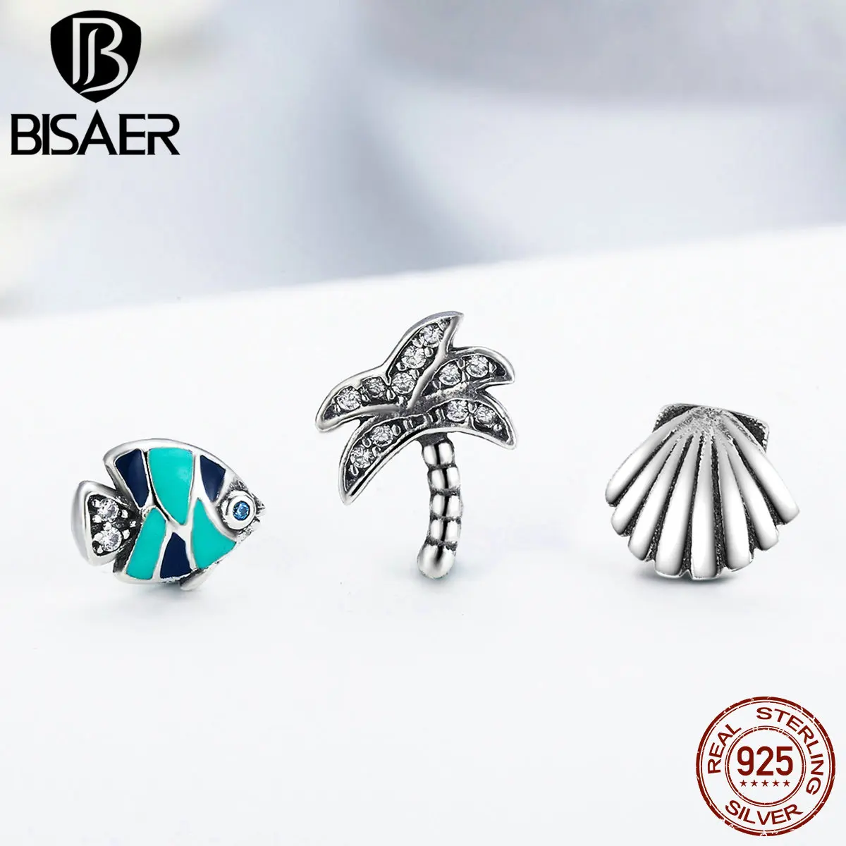 BISAER 925 пробы Серебряное пальмовое дерево Морская раковина красочные рыбы тропический рай Petites, смешанные эмалированные амулеты подходят талисманы браслет