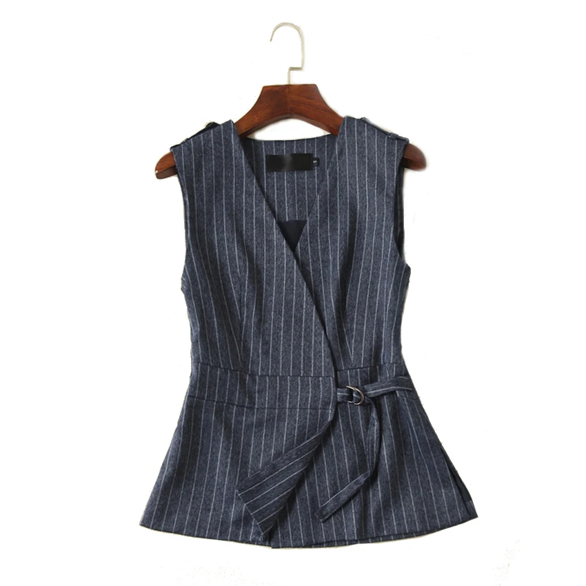 navy blue vest SHOWERSMILE темно-синий жилет женский короткий льняной полосатый Женский жилет без рукавов Блейзер жилет для женщин весенний элегантный женский жилет - Цвет: navy blue vest