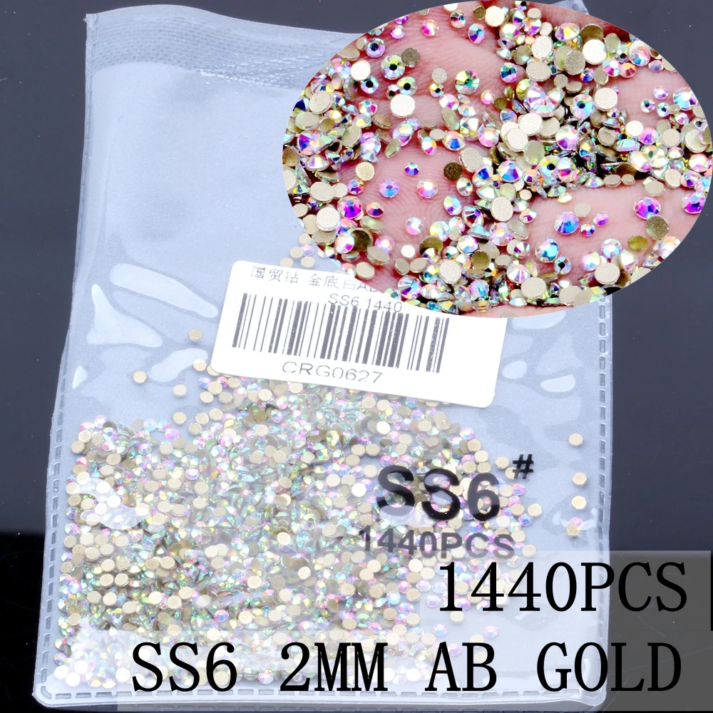 AB Gold ss6 1440pcs Блестящий страз SS3-SS8 Кристалл Стразы FlatBack гвоздь горный хрусталь стекло 3D не исправление Бусы из драгоценных камней DIY украшения для ногтей - Цвет: AB Gold ss6 1440pcs